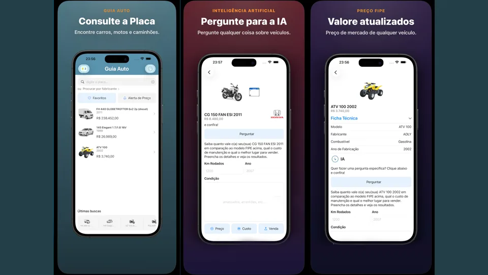 Guia Auto vehicle lookup and automotive intelligence screens