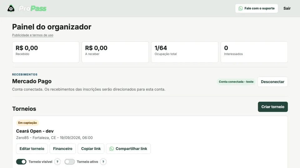 ProPass organizer dashboard for snooker tournaments