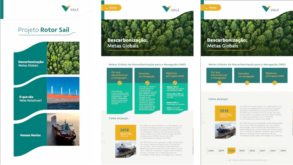 Three screens from the Rotor Sail interactive sustainability experience