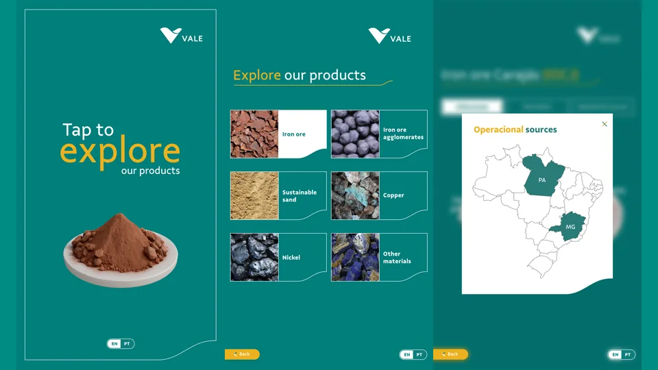Three bilingual screens from the Vale Minerals interactive experience