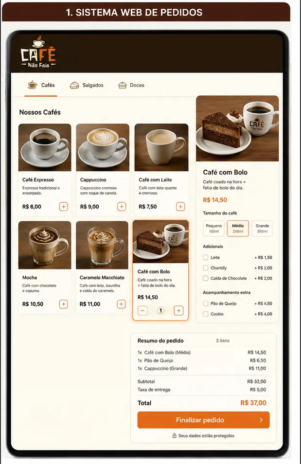Café Não Faia responsive menu and configurable web order
