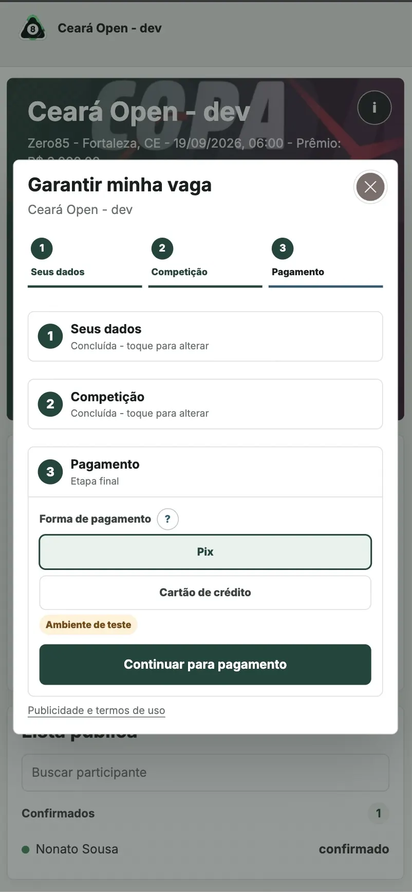 ProPass mobile registration flow with Pix and credit card payment options