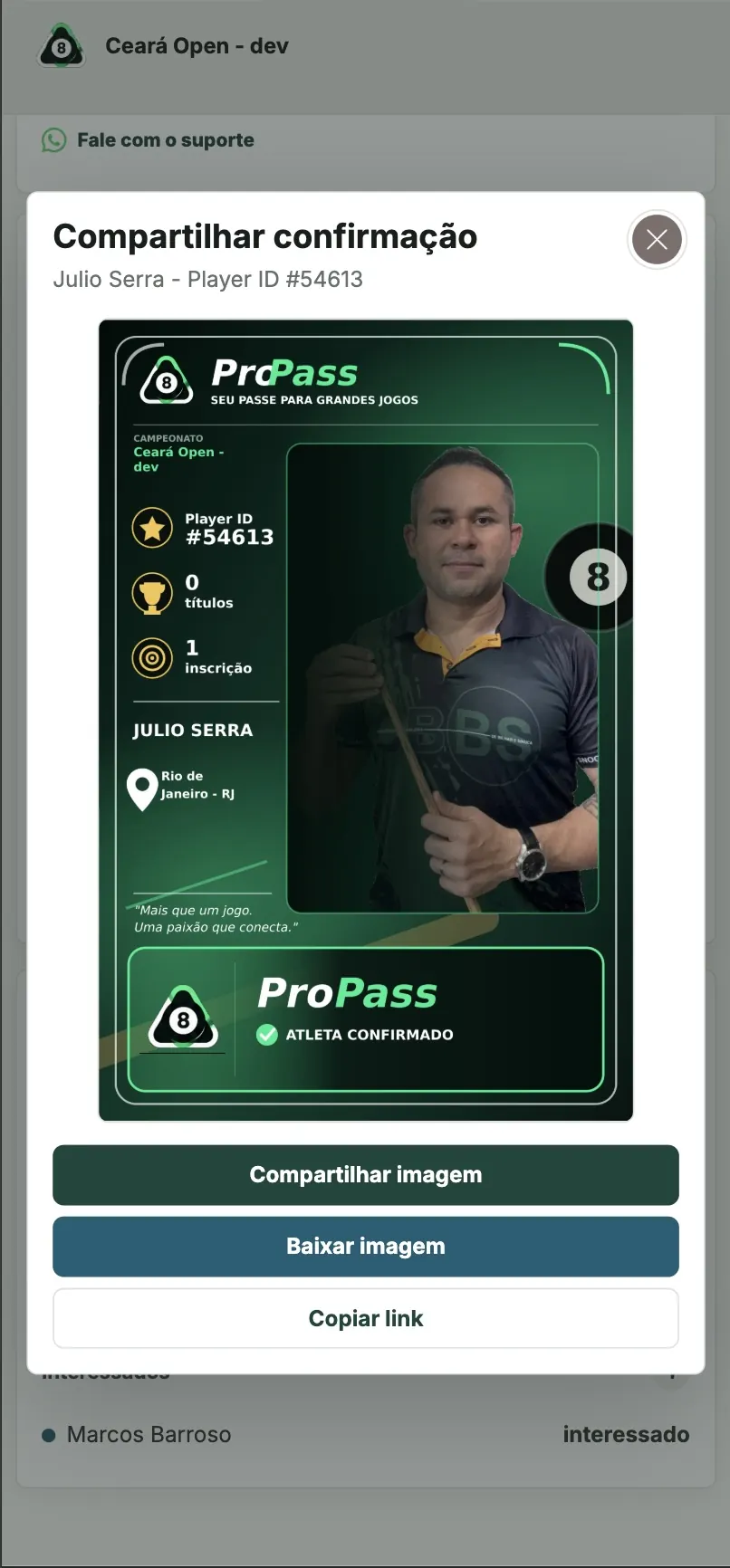 ProPass shareable athlete confirmation card after registration