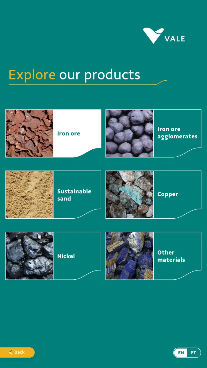 Vale mineral product selection interface